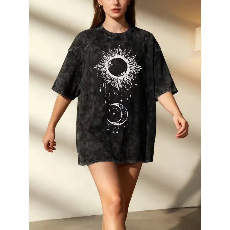 Celestial Sun and Moon Print Washed Oversized T-Shirt Women's VintageBoho Casual Crew Neck Short Sleeve Top Retro for Summer