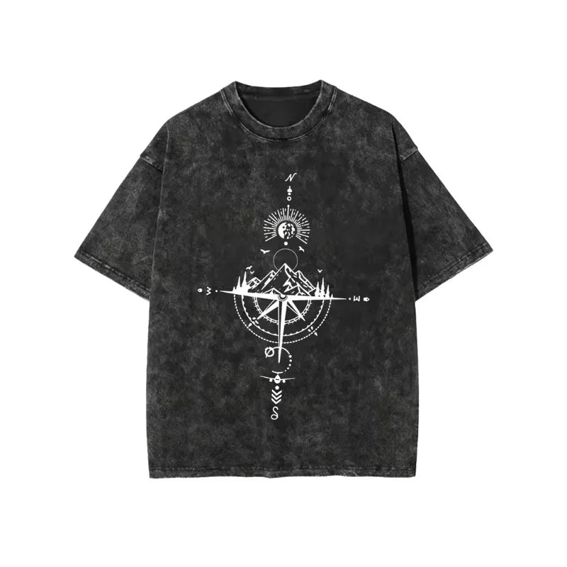 Celestial Sun and Moon Print Washed Oversized T-Shirt Women's VintageBoho Casual Crew Neck Short Sleeve Top Retro for Summer