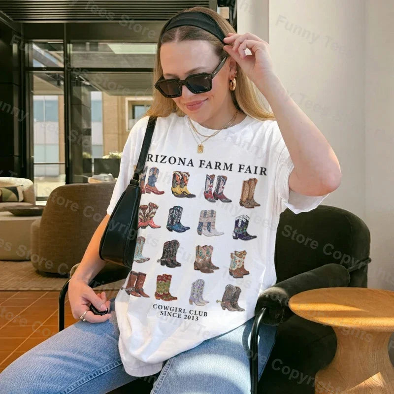 Vintage Western Cowgirl Club T-Shirts Women Cute Aesthetic Cowboy Boots Graphic Tees Summer Oversized T Shirt Country Music Tops