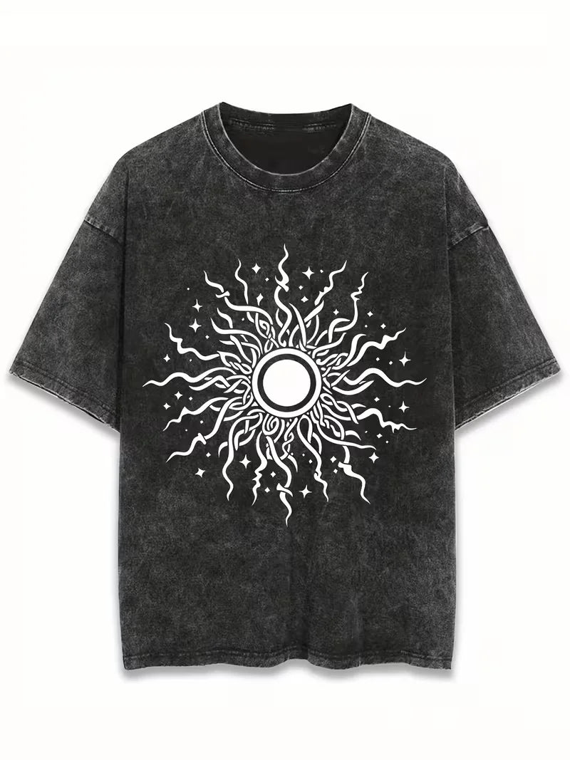 Celestial Sun and Moon Print Washed Oversized T-Shirt Women's VintageBoho Casual Crew Neck Short Sleeve Top Retro for Summer