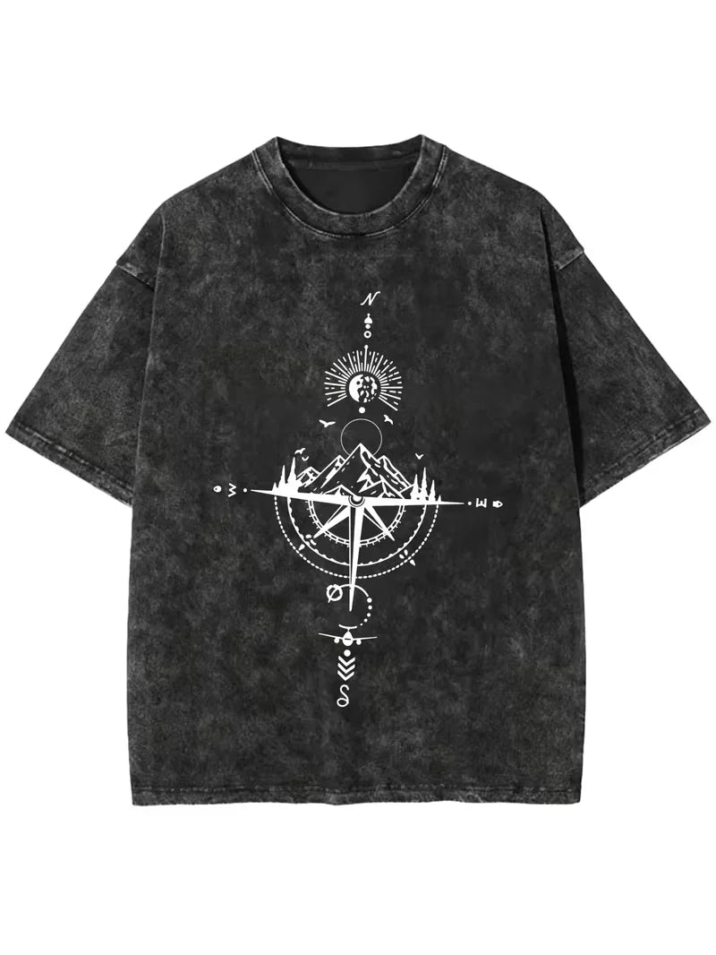 Celestial Sun and Moon Print Washed Oversized T-Shirt Women's VintageBoho Casual Crew Neck Short Sleeve Top Retro for Summer