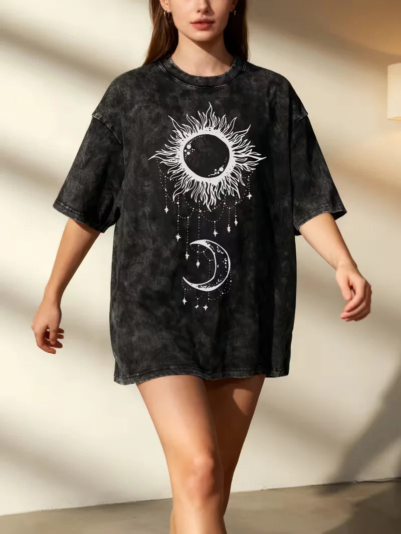 Celestial Sun and Moon Print Washed Oversized T-Shirt Women's VintageBoho Casual Crew Neck Short Sleeve Top Retro for Summer