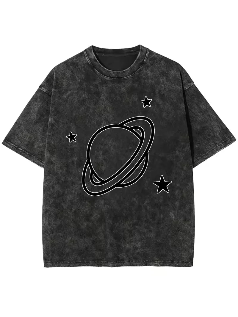 Celestial Sun and Moon Print Washed Oversized T-Shirt Women's VintageBoho Casual Crew Neck Short Sleeve Top Retro for Summer
