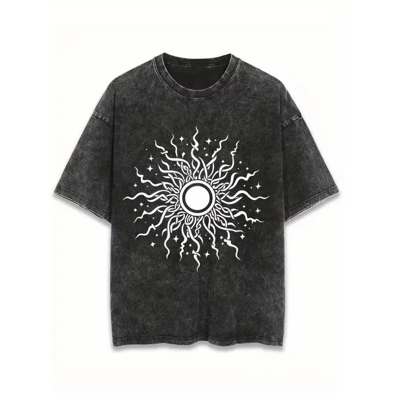 Celestial Sun and Moon Print Washed Oversized T-Shirt Women's VintageBoho Casual Crew Neck Short Sleeve Top Retro for Summer